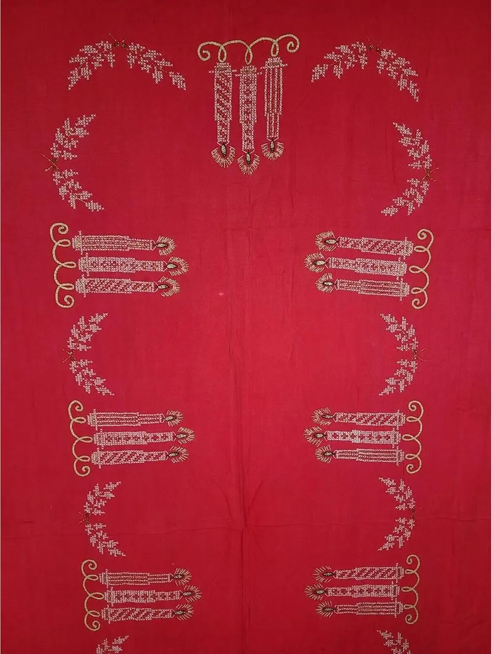 Vintage 50s Tablecloth Rhinestone Hand Embroidery Sparkle Candles Holiday 60x92